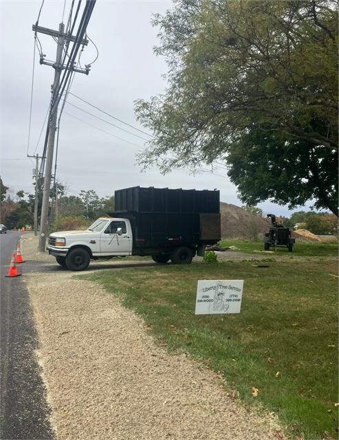 Chip truck parked roadside with safety cones on a job
