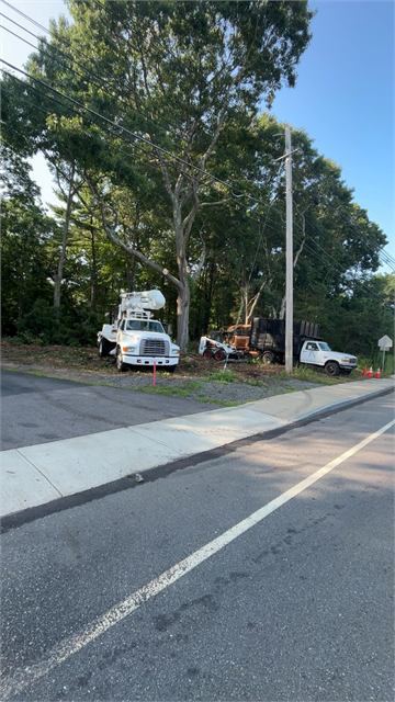 Bucket truck and crew working along a road